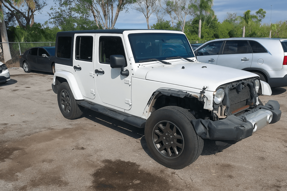 a white salvage Jeep